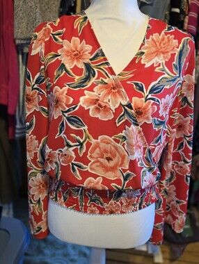 For The Republic Red Floral Wrap Blouse